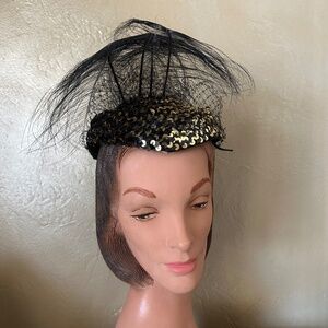 FASHIONABLE 1950s' COCKTAIL HAT + BLACK/GOLD SEQUINS & TALL FEATHERS
